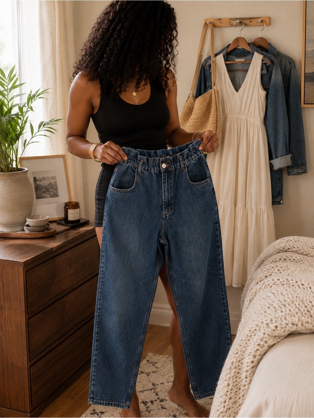Zara Dark Blue Paperbag Waist Boyfriend Jeans